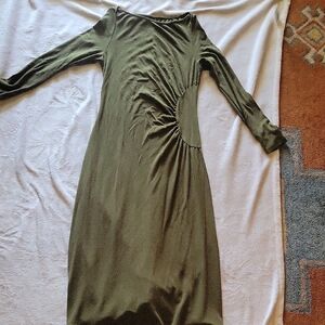 OGL Olive Green Long Sleeve Ruched Midi Dress